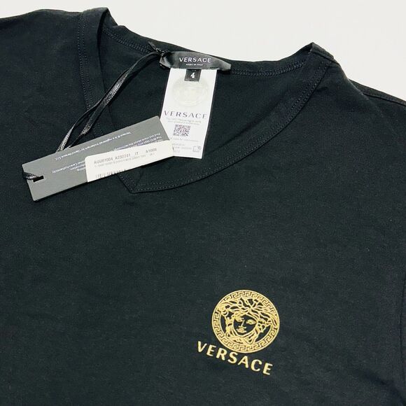 Versace T-Shirt Men's 4/ M Black Cotton Stretch Medusa Logo V-Neck NWT - Picture 8 of 14
